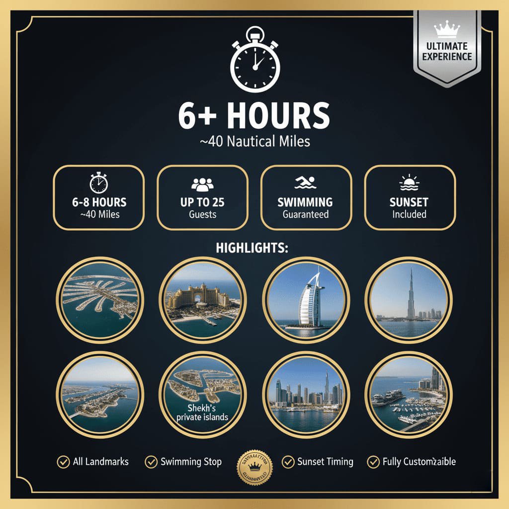Dubai full-experience yacht tour route, experiencing iconic landmarks.
