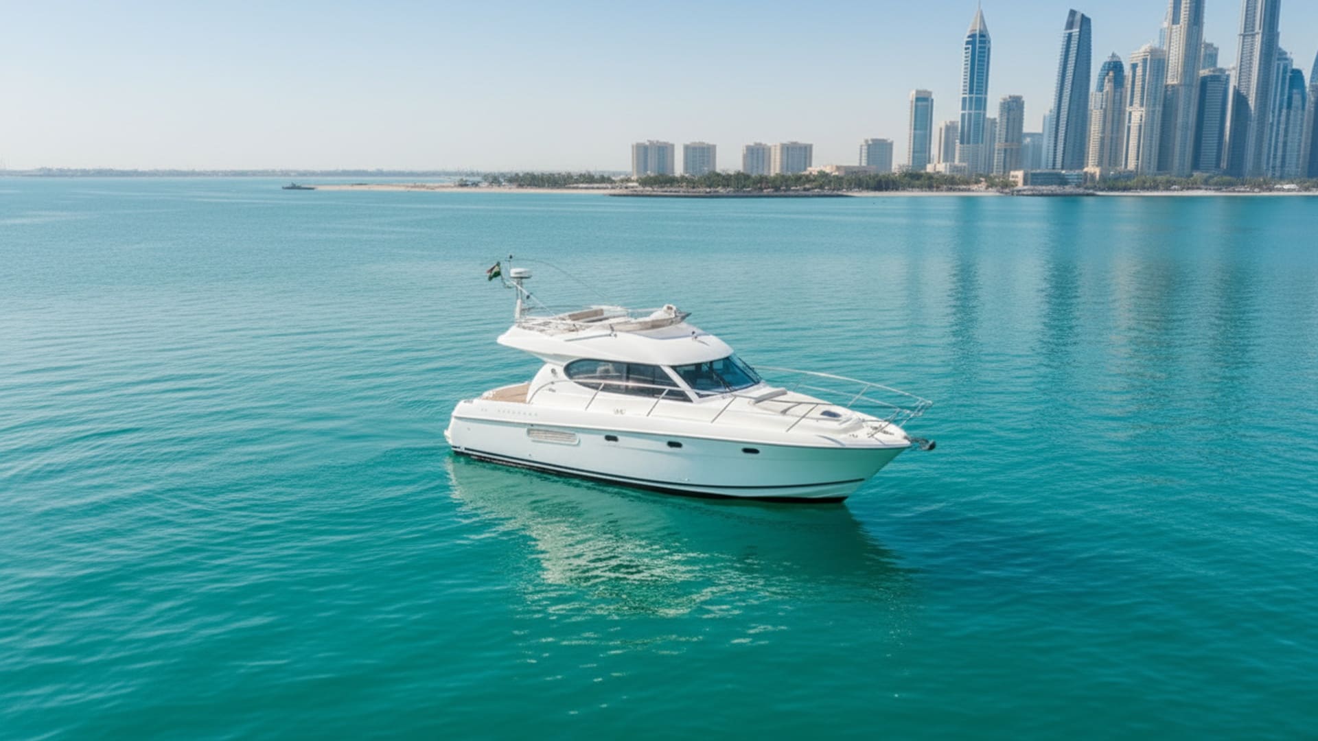 Aerial view Sapphire Destiny 32 ft yacht in Dubai waters