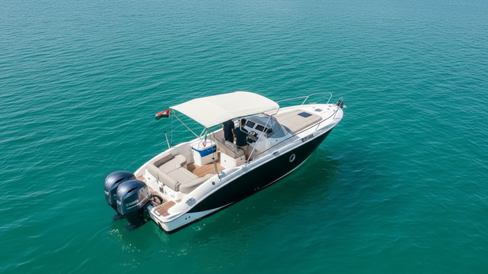 Aerial view of Crystal Oasis 27 ft yacht in Dubai waters