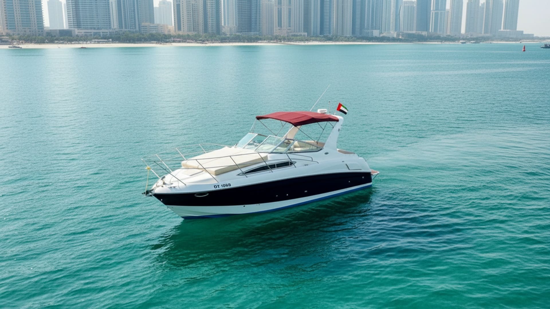 Spirit Island 33 ft aerial view, Dubai Marina yacht rental