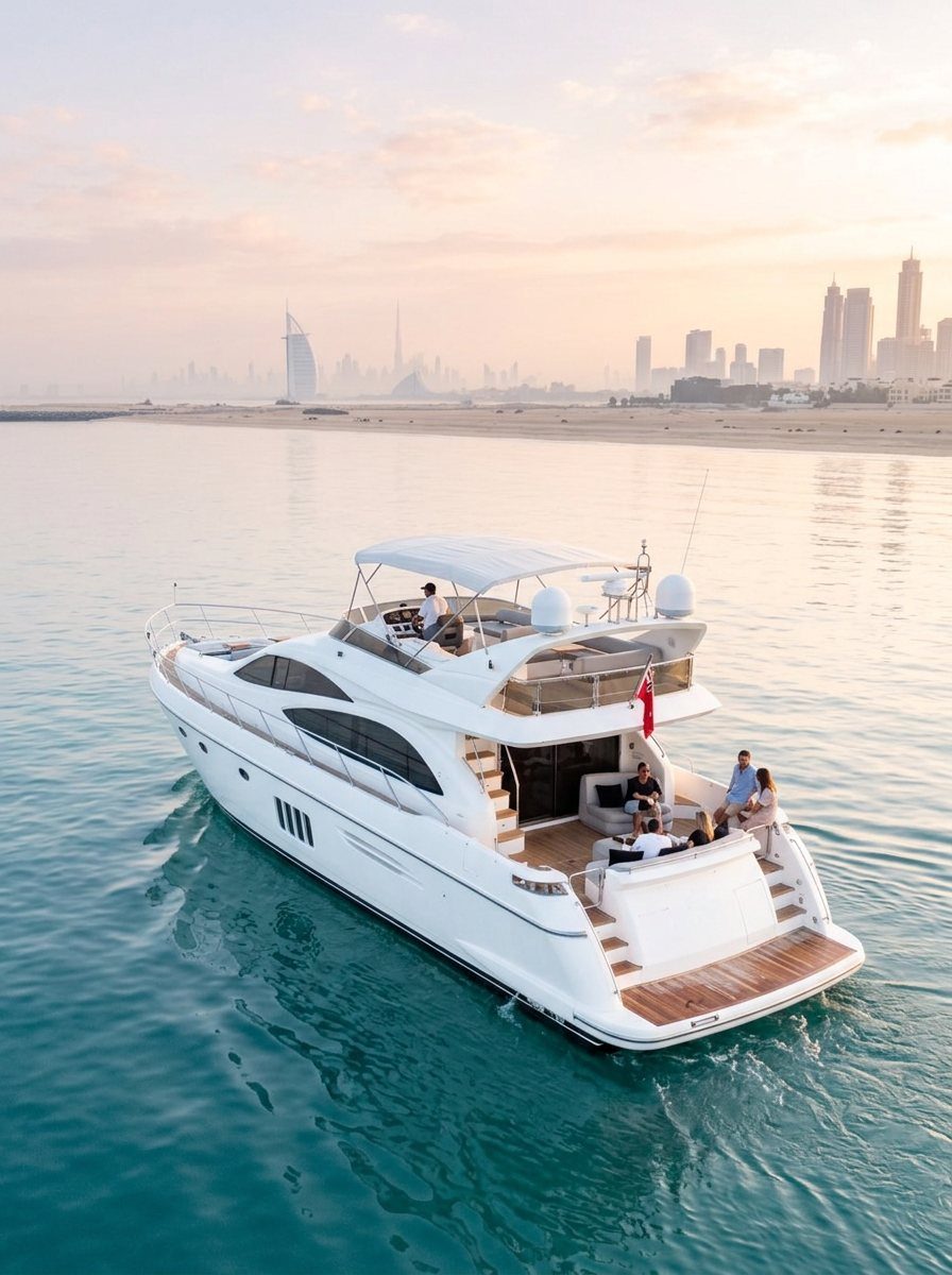Captain steering motor yacht while relaxed guests enjoy the stern lounge