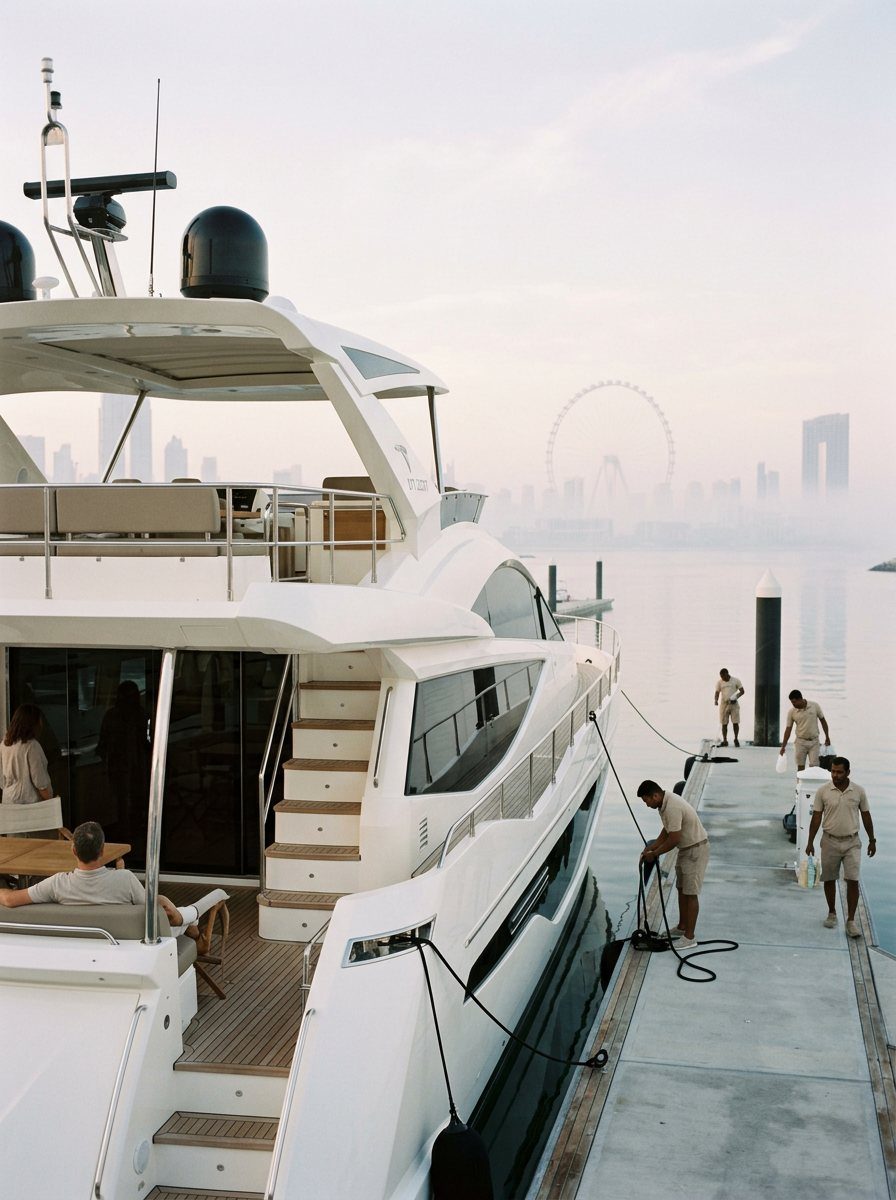 Charter crew standing on the marina pontoon beneath modern Dubai skyscrapers