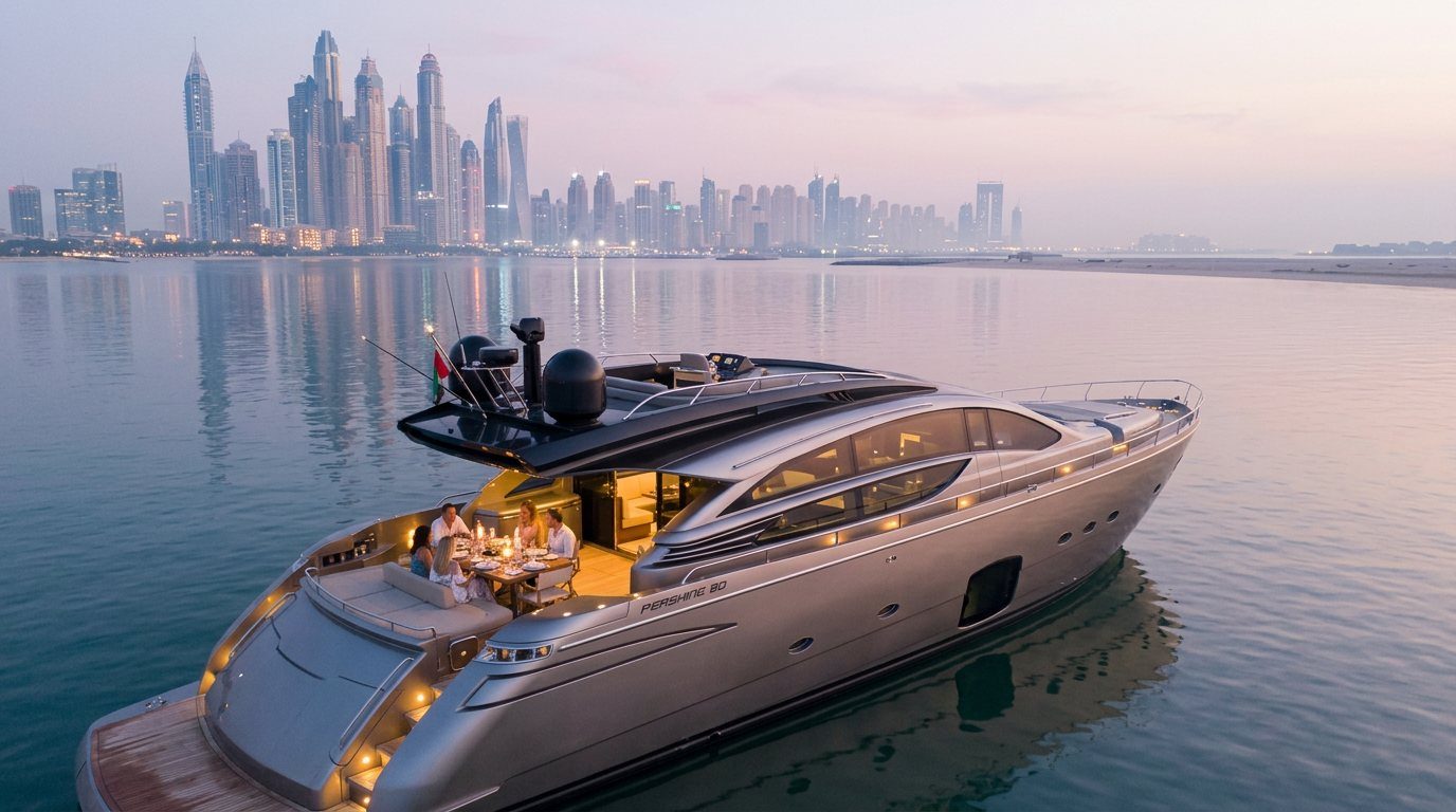 Dinner table set with candles on a yacht deck facing illuminated Dubai Marina