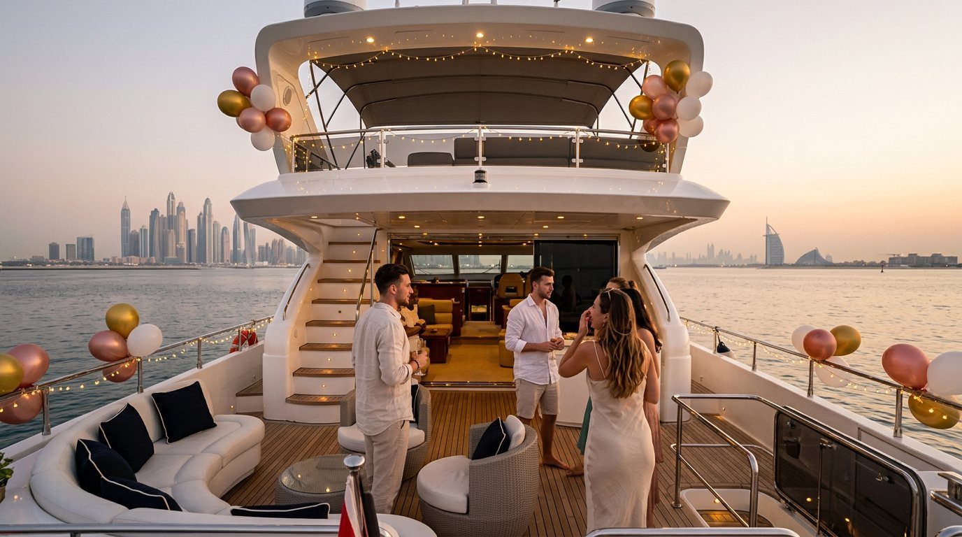Friends celebrating with colorful balloons aboard a yacht during a Dubai sunset