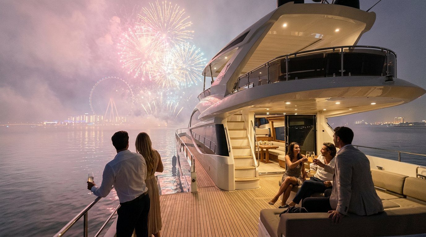 Guests watching colorful night fireworks over Dubai skyline from an open deck