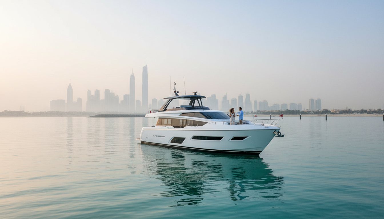 Marina promenade towers casting late afternoon reflections over berthed luxury vessels
