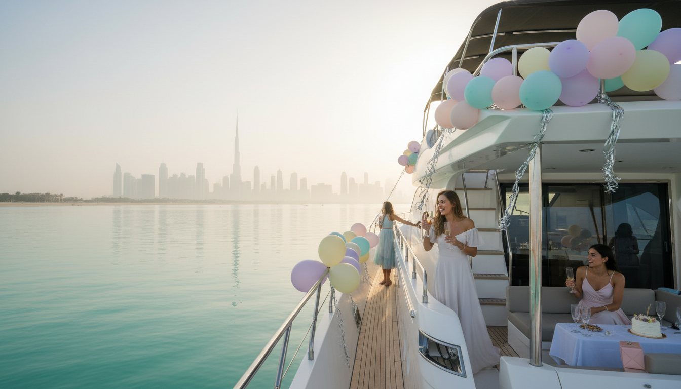 Party guests toasting on a decorated yacht deck against the sunset skyline