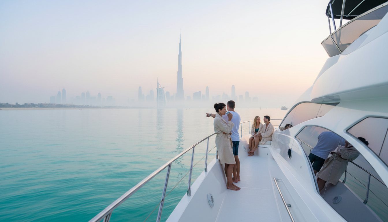 Private yacht cruising past prominent coastal landmarks along the Dubai waterfront