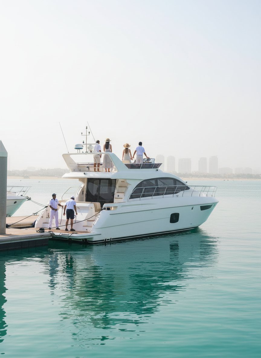Professional yacht crew working alongside luxury vessels docked at a Dubai harbor