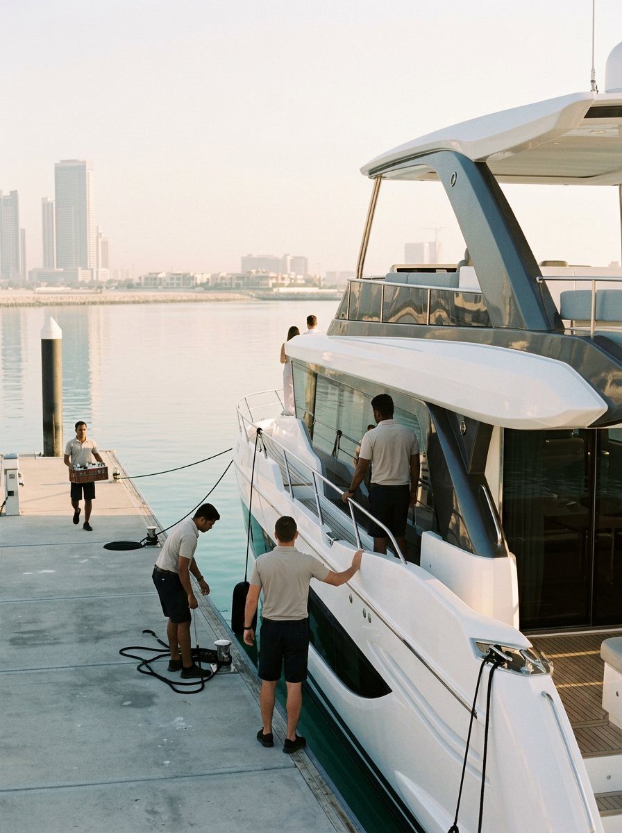 Uniformed yacht crew members gathered on the pier beside moored boats at dusk