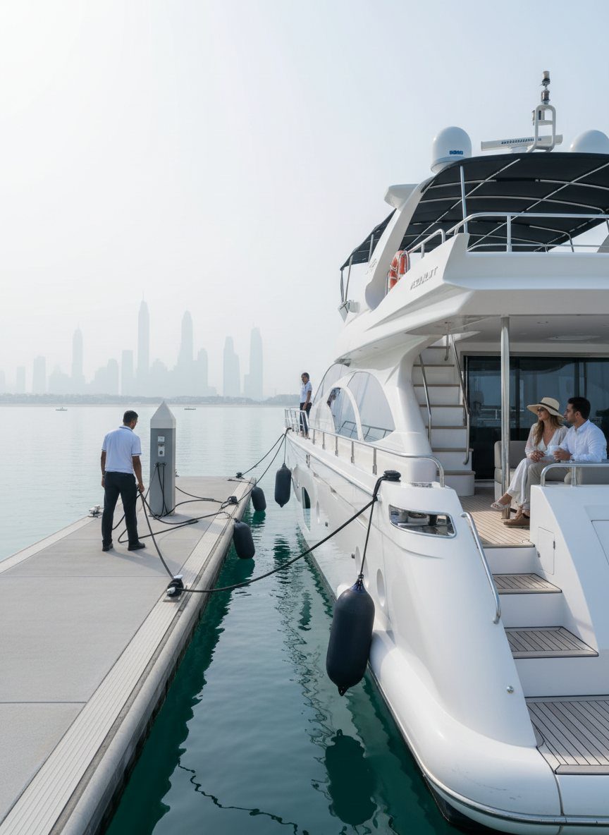 Yacht crew standing on a sunny wooden marina pier in Dubai Marina